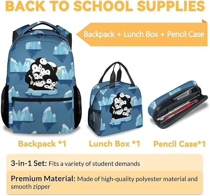 COOPASIA Penguin Backpack with Lunch Box and Pencil Case, 16 Inch Penguin Theme Bookbag with Adjustable Straps, Durable, Lightweight, Large Capacity, School Backpack for Girls Women