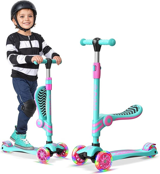 Candy 3 Wheel Scooter with Seat for Kids, Light-Up Wheels, Adjustable Lean to Steer Handlebar and Seat, Smooth Wheels, Wide No-Slip Deck, Rear Foot Brake, Toddler Outdoor Toys for Ages 2+