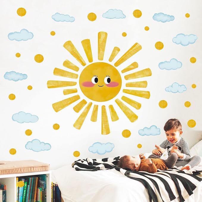 Eutecado Large Sun Wall Decals Watercolor Cloudy Wall Stickers for Kids Room, Smile Sun Polka Dots Clouds Wall Decor Stickers Peel and Stick Art Murals Decorations for Nursery Classroom Bedroom