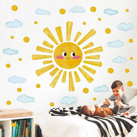 Eutecado Large Sun Wall Decals Watercolor Cloudy Wall Stickers for Kids Room, Smile Sun Polka Dots Clouds Wall Decor Stickers Peel and Stick Art Murals Decorations for Nursery Classroom Bedroom