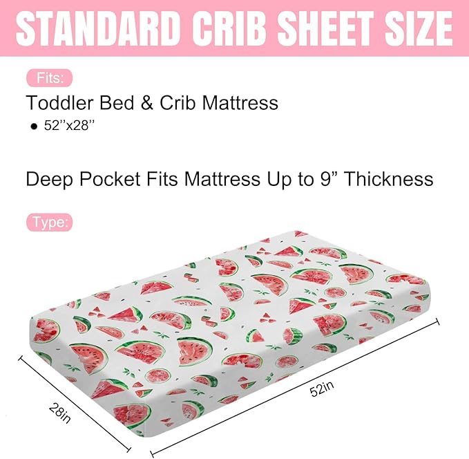 Watercolor Watermelon Baby Crib Sheet 52''x28'' Watermelon Leaves Stretchy Fitted Crib Mattress Cover for Boy Girl Tropical Summer Fruits Soft Nursery Bed Sheet for Standard Crib and Toddler Mattress