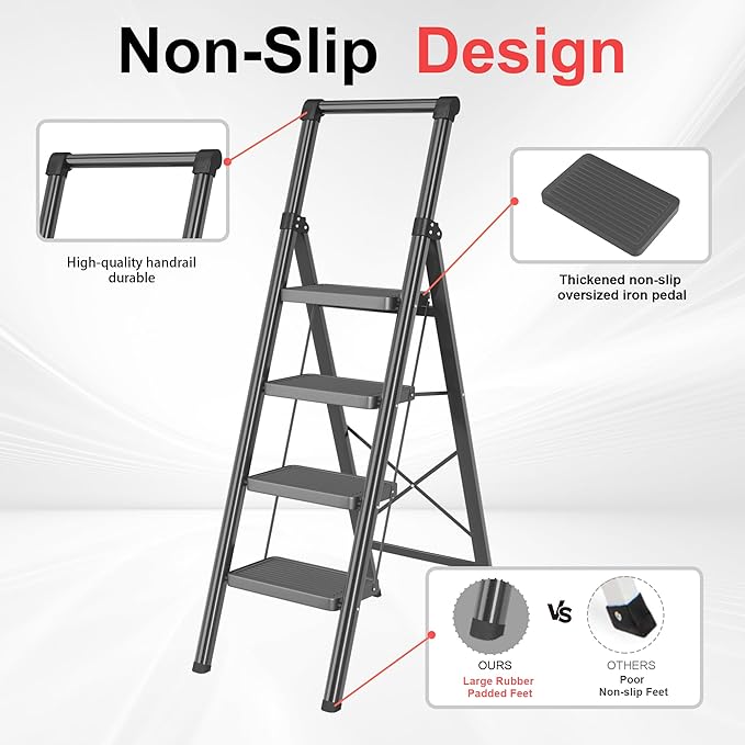 4 Step Ladder, DIAMONDFORGE Folding Step Stool with Wide Anti-Slip Pedal, Anti-Slip Feet and Handgrip, Sturdiest Steel Construction, Steel Ladder for Home, Black