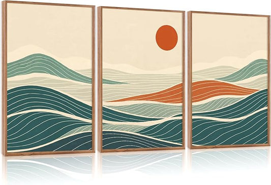 CHDITB Beach Sunrise Framed Canvas Wall Art Set, Ocean Waves Wall Decor, Coastal Artwork Spiritual Painting, Minimalist Modern Coastal Art Prints for Living Room, Bedroom, Office 24"x36"x3