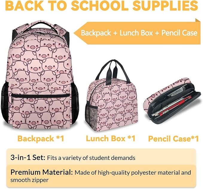 AIOMXZZ Pig Backpack with Lunch Box and Pencil Case, 16 Inch Cute Pig Bookbag Durable, Lightweight, Large Capacity, Funny Animal Backpack for School Girls Kids Women