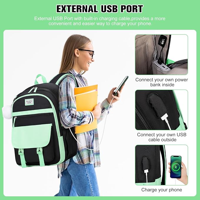 Bevalsa Backpack for Girls, School Backpacks for Girls, Kids Backpack with Lunch Box & Pencil Pouch for Teens Girl Kids Elementary Middle High School College Student Bookbag Daypack (Green Black)