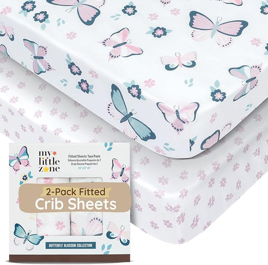 Baby Crib Sheets Girls Toddler Bed Sheets Cotton Fitted Crib Sheet Floral Sets 28"x52", 8" Deep Pocket, Baby Mattress Sheet 2Pack 100% Cotton Beddings, Designed in France, Pink, Butterfly Pattern
