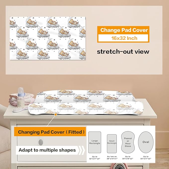 Custom Baby Bedding Set, Personalized Grey Moon Bear Bedding, Baby Blanket Fitted Sheet Changing Cover Nursery Rug Room Decor Gift Idea