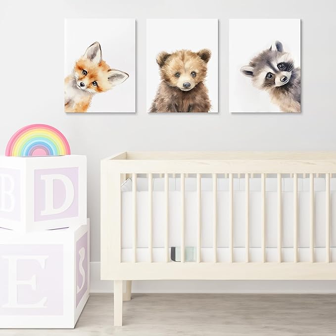 Adorable Bear Fox Raccoon Nursery Wall Decor, 3 Piece Baby Animals Art Poster for Baby Boy Girl Room Decor, Woodland Nursery Wall Art, Funny Kid Prints, Framed Canvas Set, 16"x24"x3