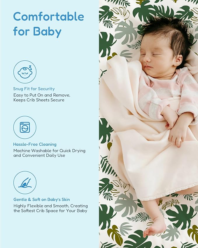 Baby Crib Sheets Boy Girl for Standard Crib Mattress - Ultra Soft Jersey Knit Monstera&Green Crib Sheet, Safe and Snug, Durable, Stylish Fitted Sheet, 28''x52''x9'' Extra Deep Pocket