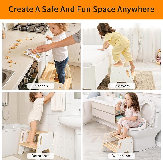 Wingyz Toddler Step Stool,Height-Adjustable Wooden Step stools for Kids with Handles,2 Stepstool for Toddlers,Bathroom Sink, Kitchen, Bedroom,Potty Training