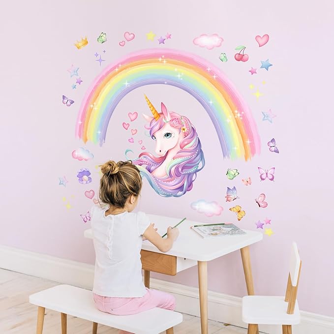 Unicorn Rainbow Wall Stickers, Watercolor Rainbow Stars Wall Decals Peel and Stick Wall Decal Self Adhesive Home Decor for Girls Nursery Kids Room