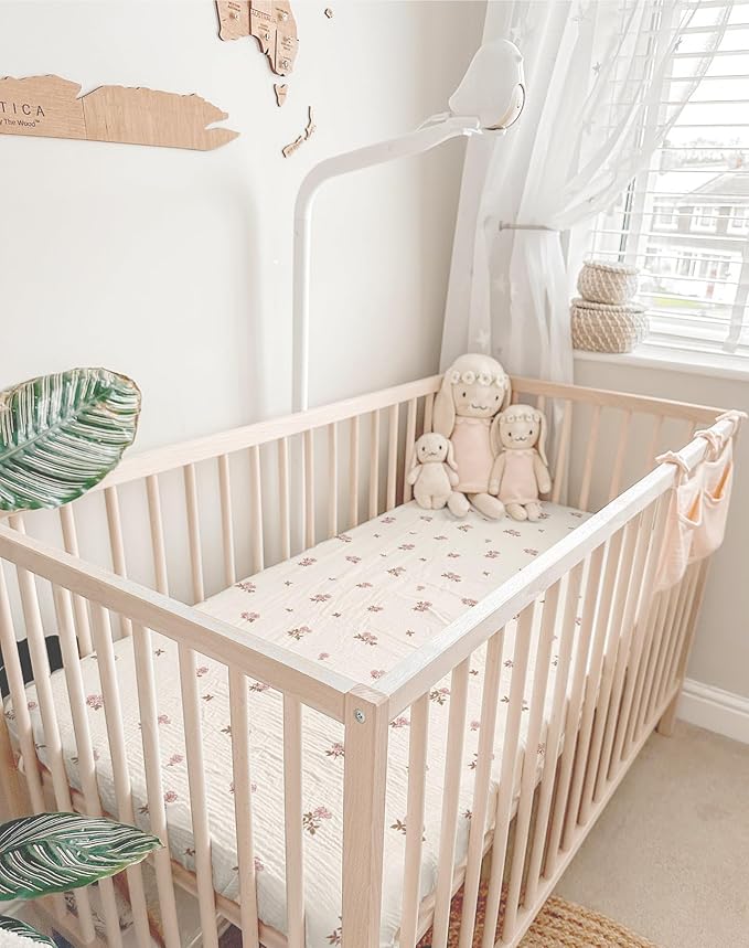 Mini Crib Sheets for Baby Boy Girl 2 Pack, Neutral Mini Crib Mattress Sheet 24" x 38", Muslin Nursery Bedding Soft and Breathable Comfort (Vintage Blossom & Pink)
