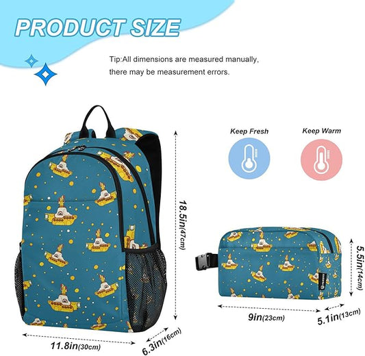 Jucciaco Yellow Submarine Backpack with Lunch Bag, School Travel Backpack for Teens Boys Girls Kids Backpacks Set