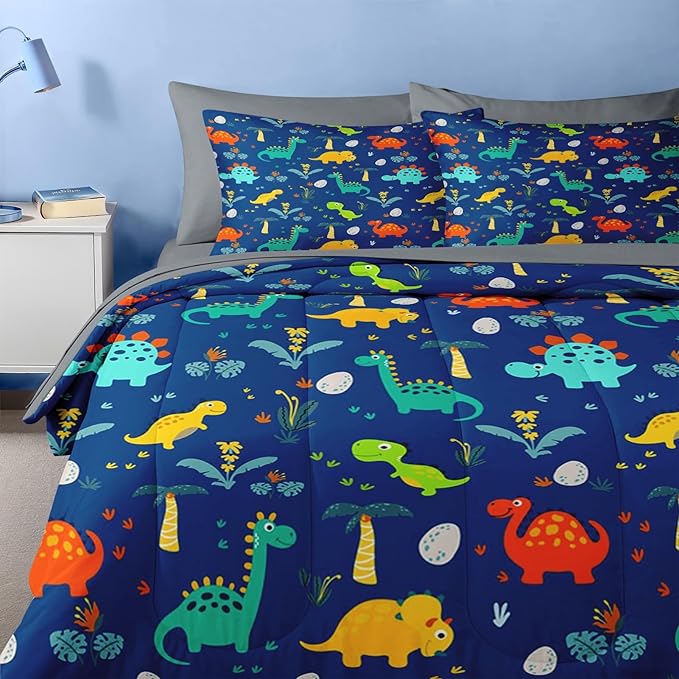 Nesker Comforter Set Toddler Size, Blue Dino 4 Pcs Bedding for Kids Teens, Dinosaur Bed Sheet with Pillowcase & Sham