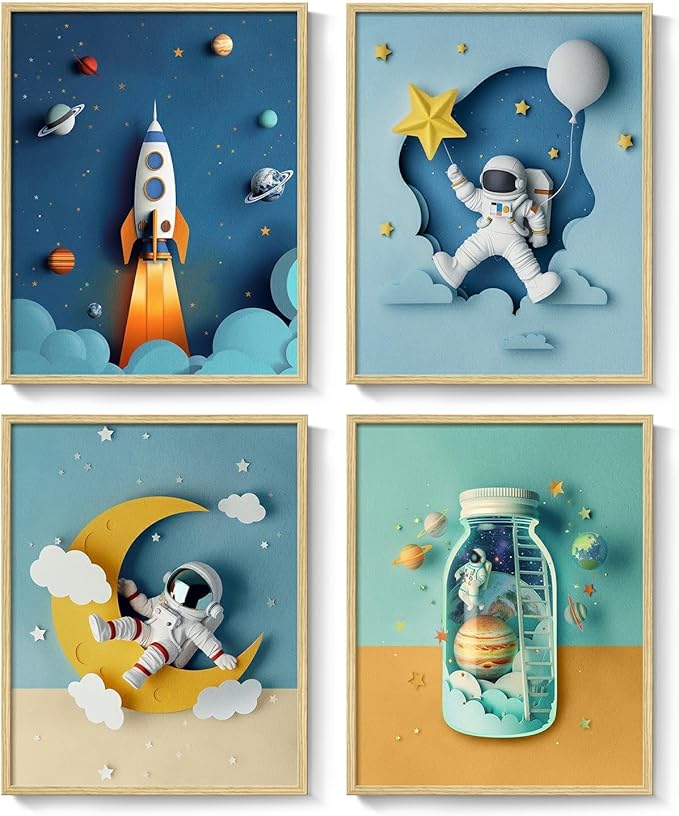 Framed Space Nursery Canvas Wall Art Prints for Baby Boy Room, Set of 4 Outer Space Themed Bedroom Decor, Astronaut Rocket Decorations for Toddler Kids Playroom Bathroom Gifts, 8x10 Inch