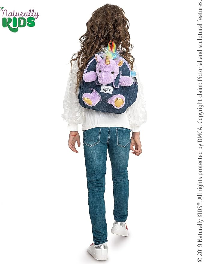 Naturally KIDS 【Upgraded】 Medium Backpack w Removable Purple Unicorn Toy for Girls Age 4-7 | Side&Inner Pockets, Reflective Logo, Sparkling Material | Unicorn Gifts for 5 Year Old Girls – Medium size