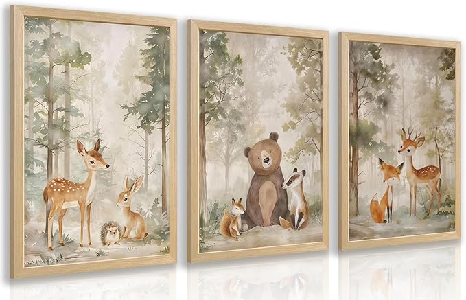 LLEEMPI Woodland Nursery Wall Decor Set of 3, Cute Forest Animal Wall Art, Bear Fox Deer Watercolor Canvas Prints, Vintage Nature Poster Prints for Kids Bedroom Bathroom Playroom Wood Framed 16x24 Inch