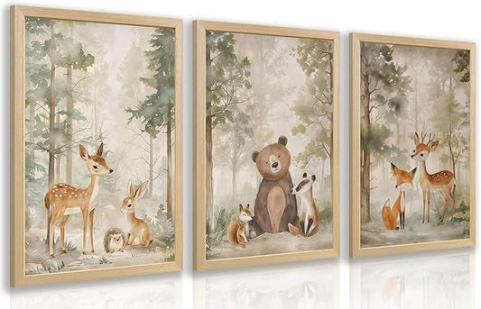 LLEEMPI Woodland Nursery Wall Decor Set of 3, Cute Forest Animal Wall Art, Bear Fox Deer Watercolor Canvas Prints, Vintage Nature Poster Prints for Kids Bedroom Bathroom Playroom Wood Framed 16x24 Inch