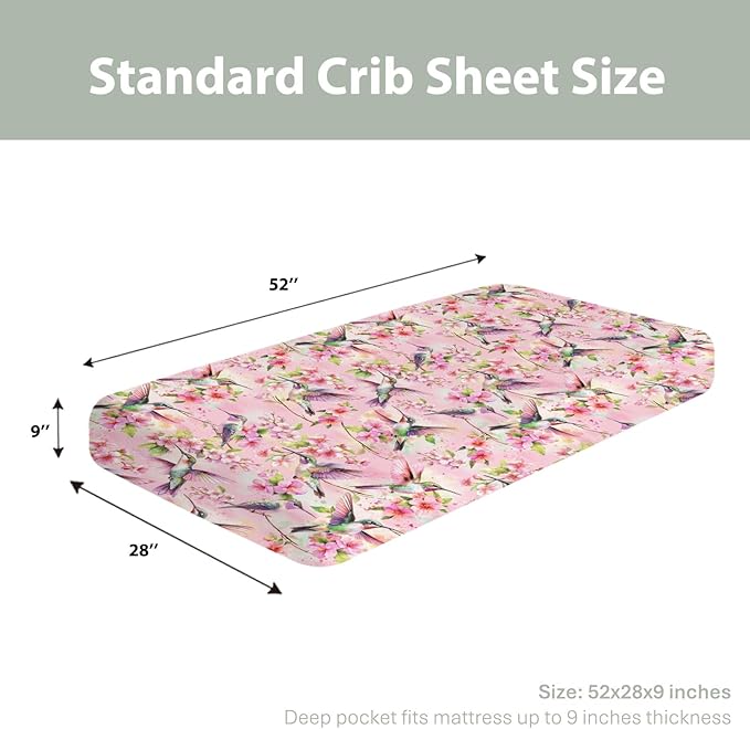 Hummingbird Pink Floral Baby Crib Sheets for Boy Girl 52x28Inch Spring Birds Blossoms Soft Stretchy Fitted Crib Mattress Cover Forest Animals Nursery Baby Sheet for Standard Crib & Toddler Mattress