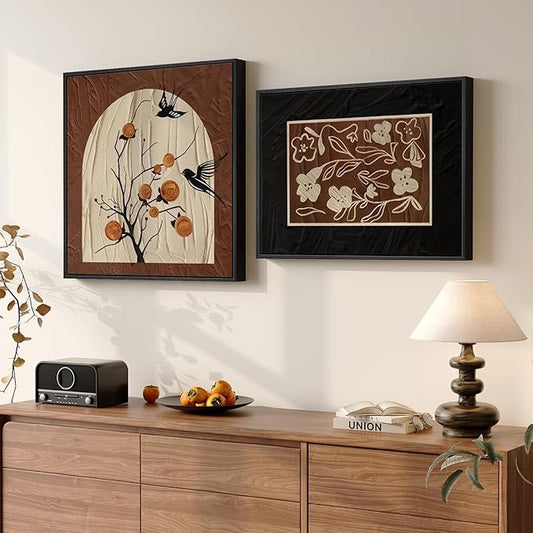 Framed Vintage Set of 2 Bedroom Wall Art, Black & Brown Bird Floral Canvas Artwork for Living Room Walls, Rustic Elegant Chinoiserie Pictures Prints for Dining Room Office Wall Decor, 24x24 & 24x18 In