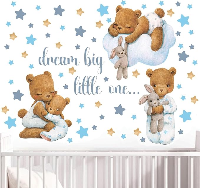 Bear Wall Decals, Baby Boy Room, Teddy Wall Decor, Animal Stickers for Kids Playroom, Toddler Bedroom and Nursery Decoration, Removable Vinyl Decals, Peel and Stick, Easy to Apply