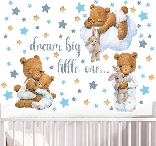 Bear Wall Decals, Baby Boy Room, Teddy Wall Decor, Animal Stickers for Kids Playroom, Toddler Bedroom and Nursery Decoration, Removable Vinyl Decals, Peel and Stick, Easy to Apply