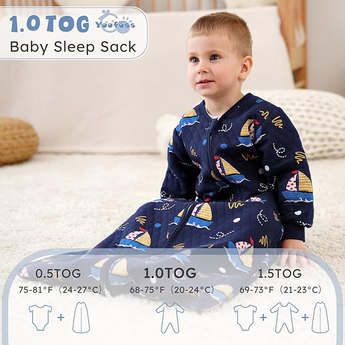 Yoofoss Baby Sleep Sack 0-6 Months 1.0 Tog Long Sleeve Sleep Sack Organic Cotton Wearable Blanket for Newborns 2-Way Zipper Quilted Sleeping Sacks(Small)