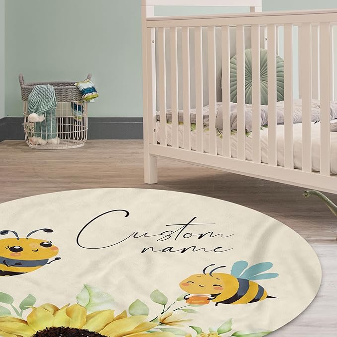 Custom Baby Crib Bedding Set,Personalized Name Yellow Bee Pattern Nursery Bed Set 4 Piece,Baby Blanket Fitted Sheet Nursery Rug Wall Art Set,Custom Room Decor Idea Gift for Newborns Boys Girls