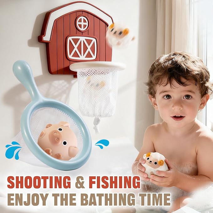 No-Hole Farm Bath Toys for Toddlers 1-3 | Slide, Basketball Hoop & 6 Animal Set | Easy to Clean & Dry Bathtub Play Gifts for Boys Girls