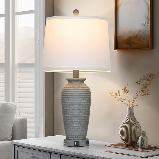 CINSARY 25" Grey Farmhouse Jar Table Lamps, 3 Way Touch Control Rustic Bedside Lamps with USB A+C Ports & AC Outlet, Pot Nightstand Lamps for Bedroom End Table (LED Bulbs Included)
