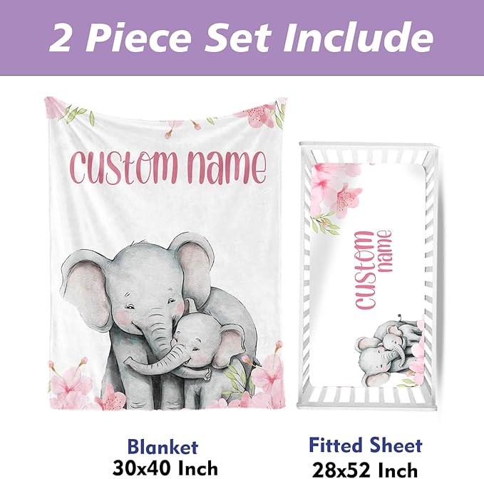 Personalized Crib Bedding Set, Newborns Set with Name, 2 Pcs Animal Theme Baby Crib Set for Girls Boys, Double Layer Blanket and Crib Sheet, Comfort and Soft