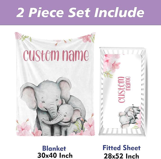 Personalized Crib Bedding Set, Newborns Set with Name, 2 Pcs Animal Theme Baby Crib Set for Girls Boys, Double Layer Blanket and Crib Sheet, Comfort and Soft