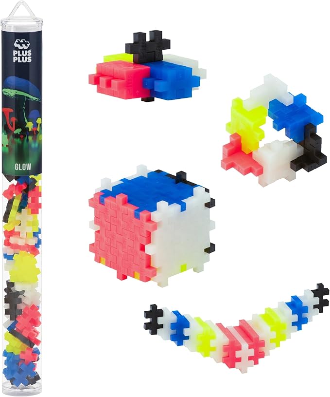 PLUS PLUS 70 Piece Interlocking Building Blocks for Kids, Open Ended Connecting Toys, Stem Bin Classroom Mini Manipulatives - Glow in The Dark Play Tube