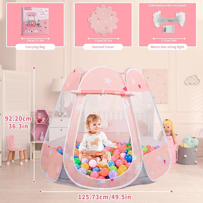 Pop Up Princess Tent with Star Light, Toys for 1 2 3 Year Old Girl Birthday Gift, Ball Pit for 12-18 Months Baby Girl Toys, Toddler Gifts, Easy to Pop Up and Assemble (Pink Gray)