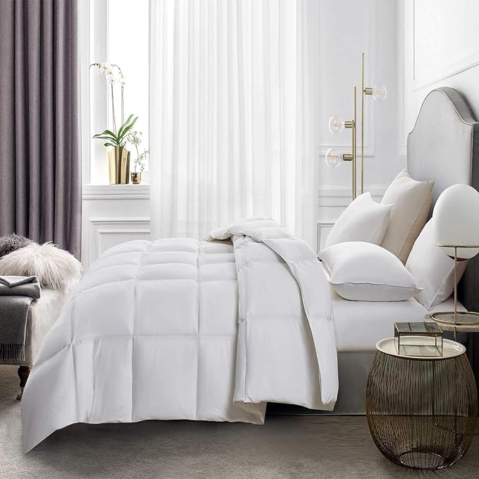 Serta Goose Feather Down Fiber Cotton Comforter King Size - 100% Cotton Duvet Insert - Hotel Luxury Hypoallergenic Bedding Comforter Light Warmth 106 x 90 Inch White