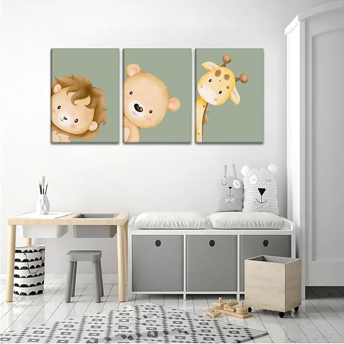 Ekiyuse Nursery Animal Wall Art Safari Animal Neutral Jungle Paintings Pictures Wall Decor Framed Boho Giraffe Lion And Teddy Bear Poster Printing Artwork for Kids Room Boys And Girls Home Decoration