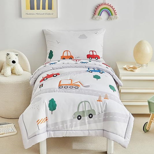 DuShow 4 Pieces Cars Toddler Bedding Set for Boys,Soft Toddler Bed Set in a Bag,Toddler Bed Comforter Set Includes Quilted Comforter, Flat Sheet, Fitted Sheet and Pillowcase