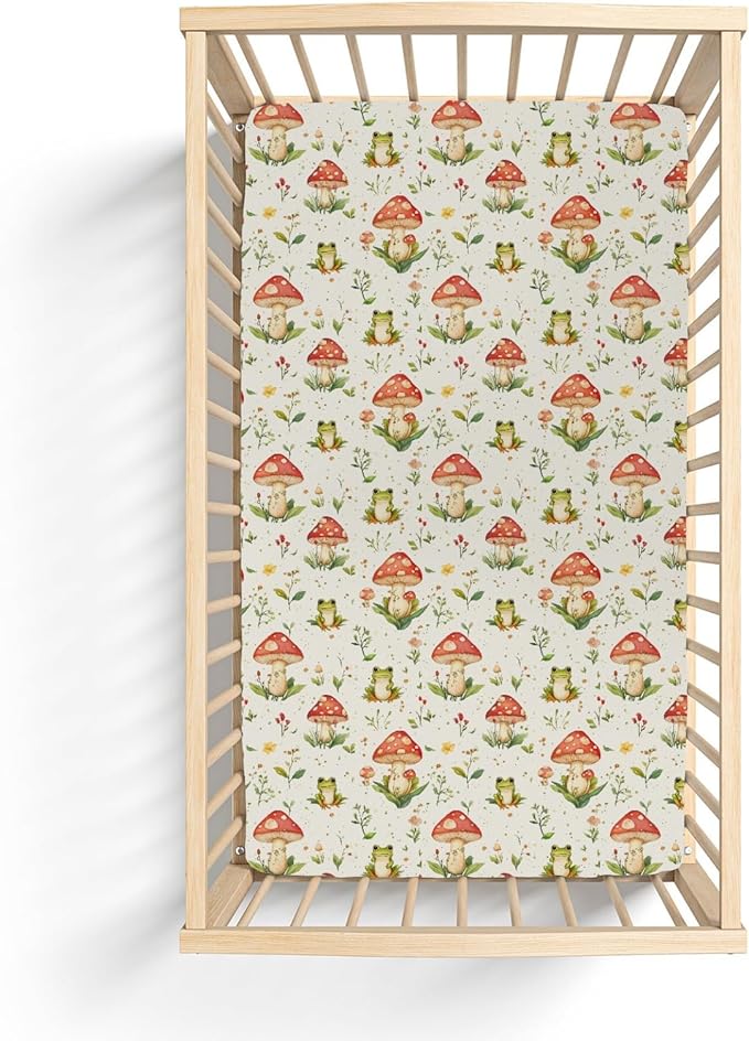 Green Frogs Mushroom Baby Crib Sheets for Boy Girl 52x28Inch Fairytale Frogs Soft Stretchy Fitted Crib Mattress Cover Baby Sheet Fits Crib and Toddler Bed Mattresses
