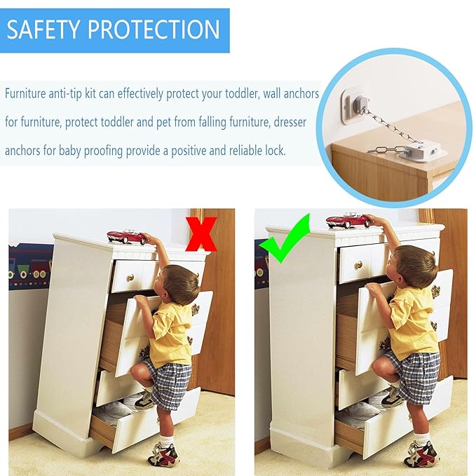 YEYA Upgraded Anti-Tip No Drill Furniture Anchor with Strong 3M Adhesive Backing 10" Adjustable Steel Cable Straps, Baby Proofing Wall Anchors for Child Safety, Playroom Essentials 2P