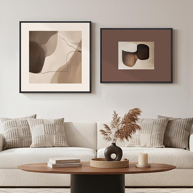 Framed Neutral Abstract Wall Art Bedroom Set of 2, Minimalist Brown Artwork for Living Room Walls, Mid Century Modern Abstract Paintings Prints for Hallway Office Kitchen Wall Decor, 24x24 & 24x18 In