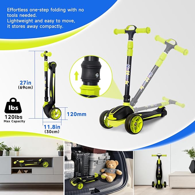 Nattork Kids Scooter for Age 3-8, Toddler Scooter with 4 Adjustable Height for Boys & Girls, Light Up 3-Wheels Foldable Kick Scooter, Lean to Steer, 120LB Weight Capacity