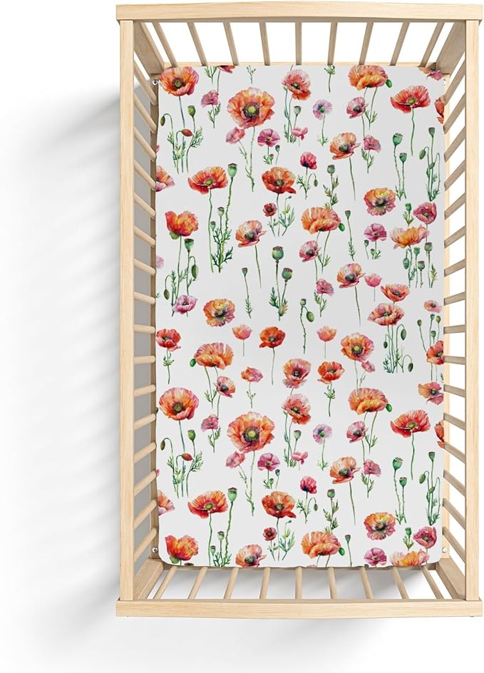 Watercolor Poppies Flowers Baby Crib Sheets for Boy Girl 28"x52" Red Poppies Green Leaves Soft Snug Fitted Crib Mattress Cover Spring Summer Floral Baby Sheet for Standard Crib & Toddler Mattress