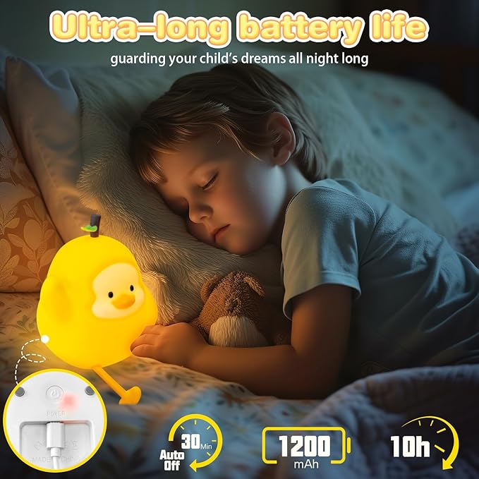 loatme Night Light for Kids, Rechargeable Dimmable Silicone LED Nightlight with 7 Colors, Baby Nursery Night Lamp, Touch Squishy Lamp, Cute Gifts for Girls, Boys, Toddler Room Decor, Yellow Duck