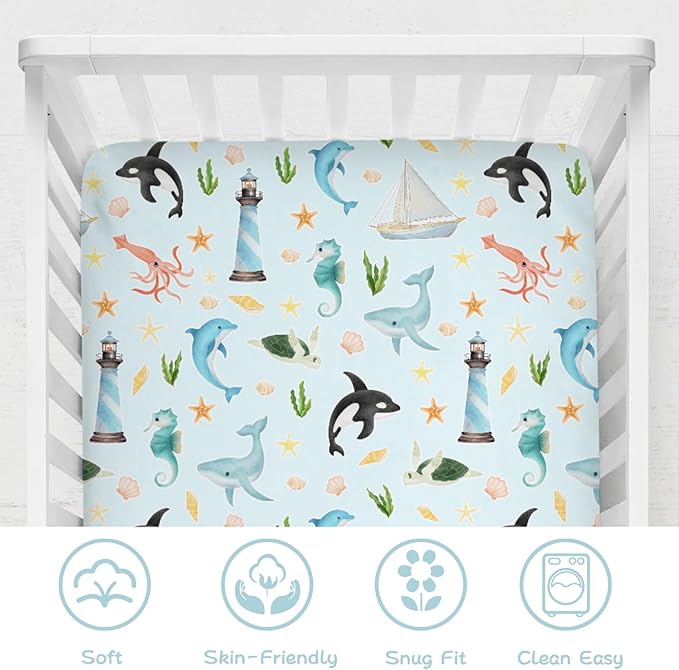 Colorful Sea Animals Baby Crib Sheet 52''x28'' Ocean Whale Dolphin Turtle Shells Coral Lighthouse Ship Stretchy Fitted Crib Mattress Cover for Boy Girl Baby Sheets for Standard Crib Toddler Mattress