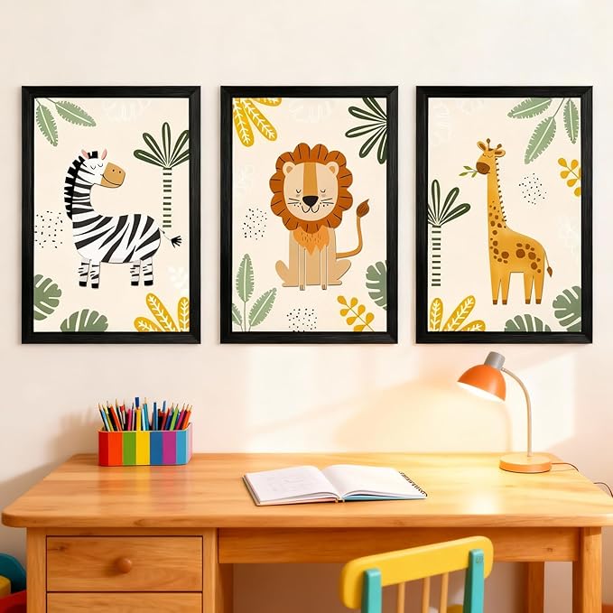 Cute Zebra Lion Giraffe Quote Framed Wall Art Set of 3, 11x16 Boho Educational Animal Wall Sign for Baby Girl Kid Boy Toddlers, Wooden Inspirational Nursery Wall Decor Black