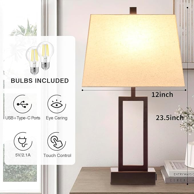 Lolikit 23.5" Touch Control Table Lamps, Metal Bedside Lamp for Bedroom Set of 2 with USB A+C Ports & AC Outlet, 3-Way Dimmable Nightstand Lamp for Living Room (LED Bulb Included)