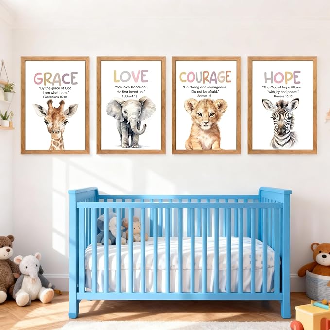 Cute Giraffe Elephant Tiger Zebra Quote Framed Wall Art Set of 4, 11x16 Boho Educational Grace Love Courage Hope Saying Sign for Baby Girl Kid Boy Toddlers, Wooden Inspirational Nursery Wall Decor