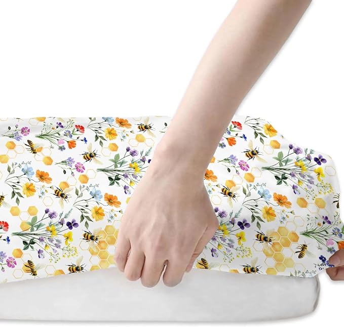 Boho Wildflower Bees Honeycomb Baby Crib Sheets for Boy Girl 52x28Inch Watercolor Honeybee Floral Soft Snug Fitted Crib Mattress Cover Summer Baby Sheet for Standard Crib & Toddler Mattress 2 Pack