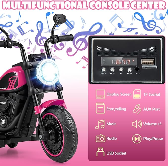 HONEY JOY Ride On Motorcycle, 6V Toddler Motorcycle with LED Light, Music, Foot Pedal, Forward/Backward, Soft Start, 3-Wheel Battery Powered Electric Motorcycle for Kids, Gift for Boys Girls (Pink)