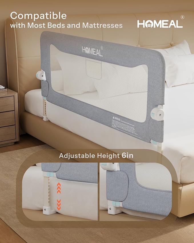 HOMEAL Bed Rail for Toddlers, 59in Foldable Toddler Bed Rails with U-Shape Base Twin Full Queen King Size Beds, Grey 1 Pack